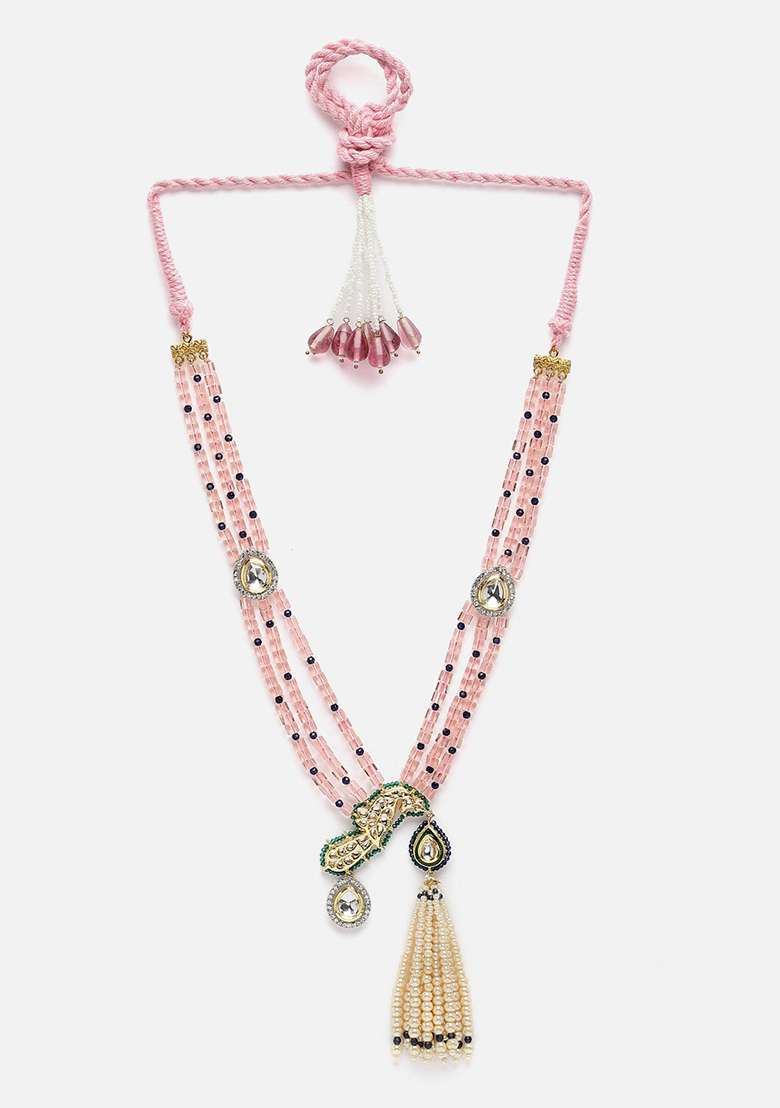 Pink And Green Gold Plated Kundan American Diamond Haar Necklaces - Indya