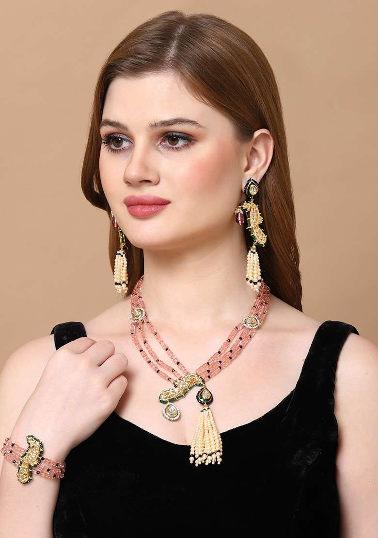 Pink And Green Gold Plated Kundan American Diamond Haar Necklaces - Indya