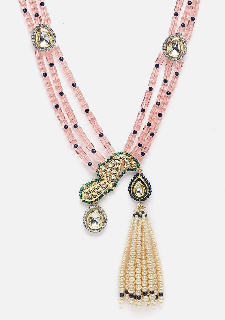 Pink And Green Gold Plated Kundan American Diamond Haar Necklaces - Indya
