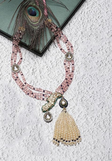 Pink And Green Gold Plated Kundan American Diamond Haar Necklaces