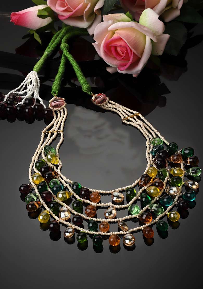 Green And Orange Gold Plated Pearl Natural Stone Layered Necklaces - Indya