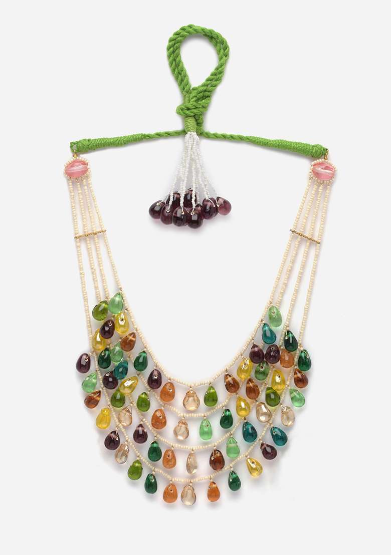 Green And Orange Gold Plated Pearl Natural Stone Layered Necklaces - Indya