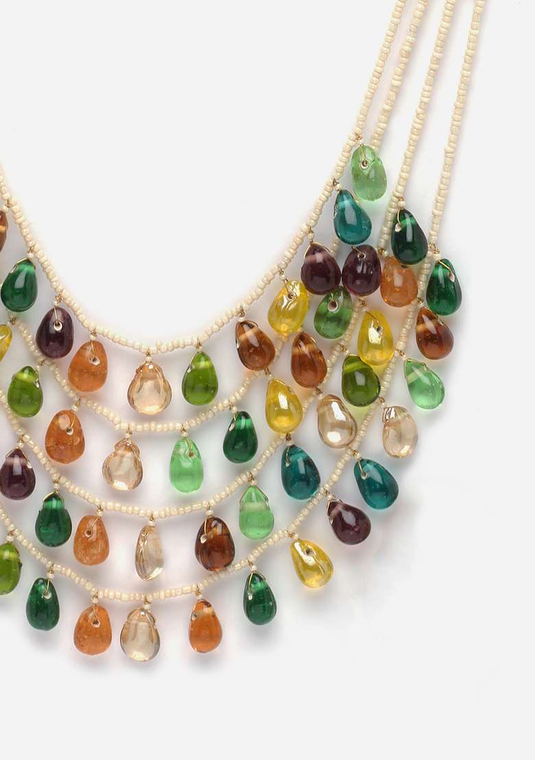Green And Orange Gold Plated Pearl Natural Stone Layered Necklaces - Indya