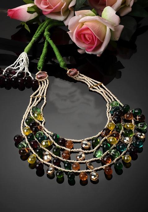 Green And Orange Gold Plated Pearl Natural Stone Layered Necklaces