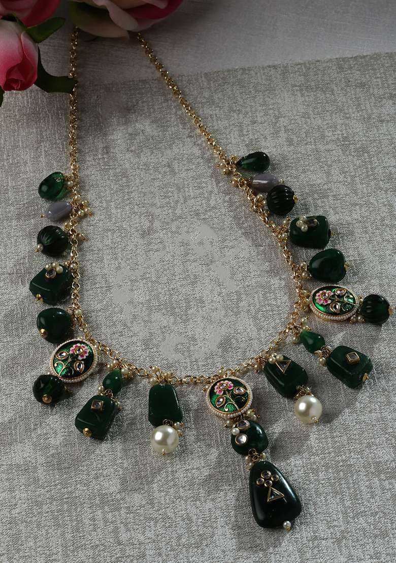 Green Gold Plated Kundan Pearl Haar Necklaces - Indya