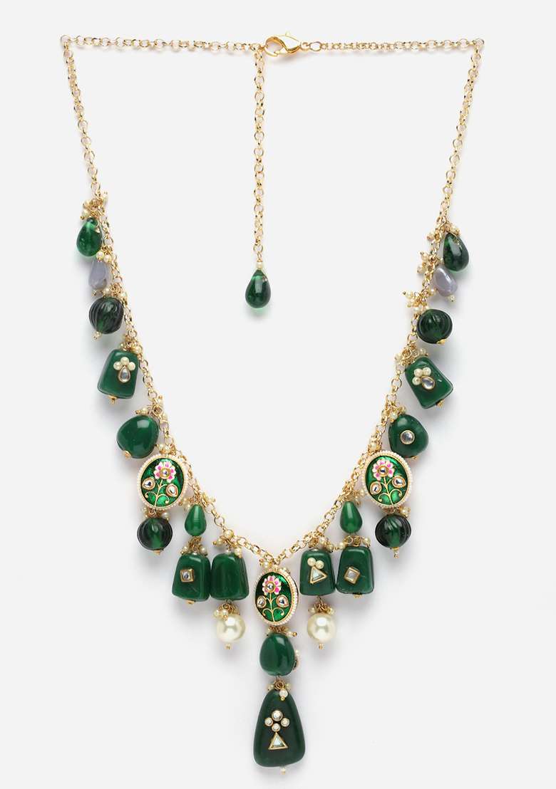 Green Gold Plated Kundan Pearl Haar Necklaces - Indya