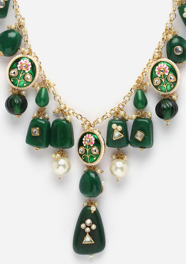 Green Gold Plated Kundan Pearl Haar Necklaces - Indya