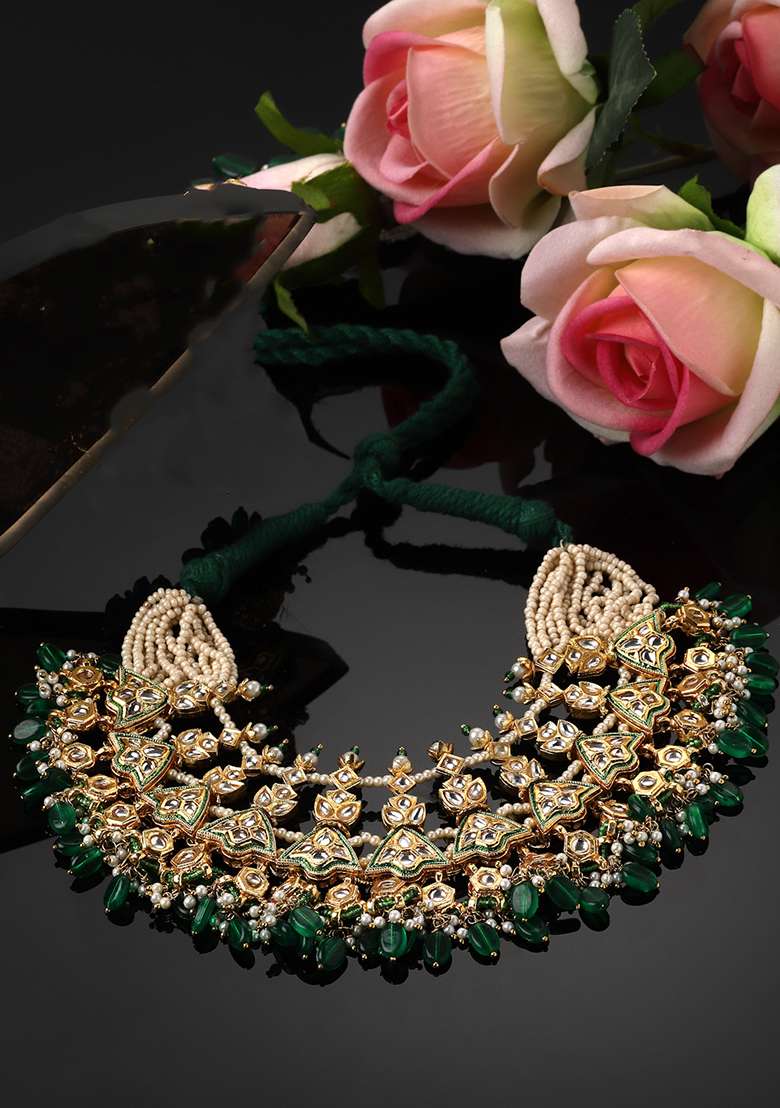 Green Gold Plated Kundan Pearl Haar Necklaces - Indya