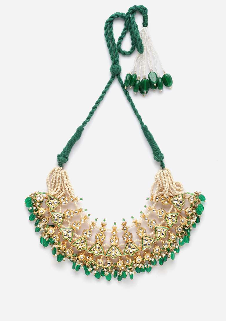 Green Gold Plated Kundan Pearl Haar Necklaces - Indya