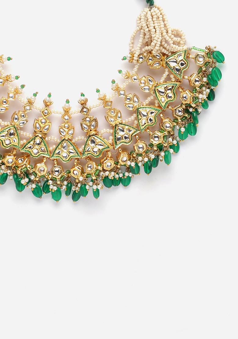 Green Gold Plated Kundan Pearl Haar Necklaces - Indya