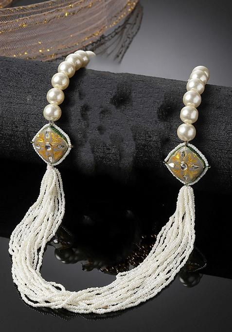 Gray And Cream Gold Plated Kundan Pearl Layered Necklaces