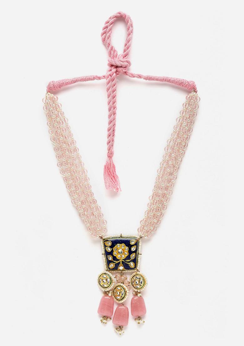 Blue And Pink Gold Plated Kundan Pearl Haar Necklaces - Indya