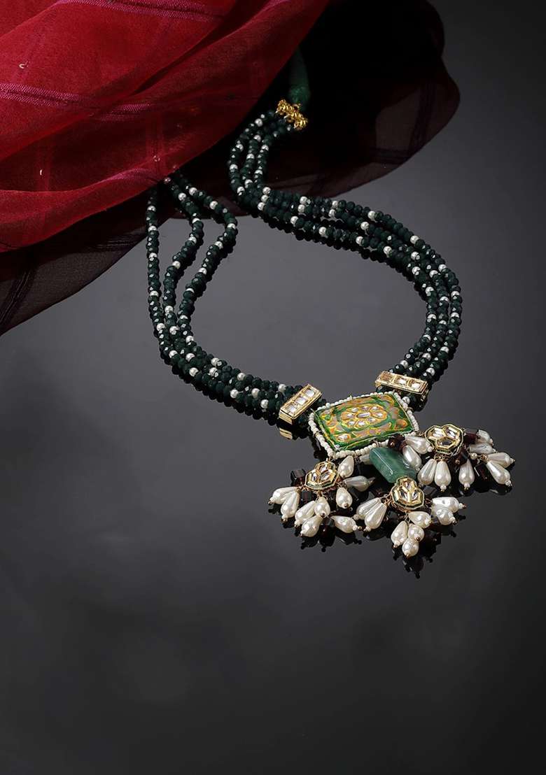 Green And Purple Gold Plated Kundan Pearl Haar Necklaces - Indya