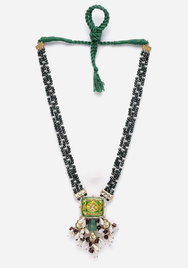 Green And Purple Gold Plated Kundan Pearl Haar Necklaces - Indya