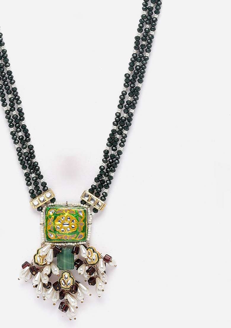Green And Purple Gold Plated Kundan Pearl Haar Necklaces - Indya