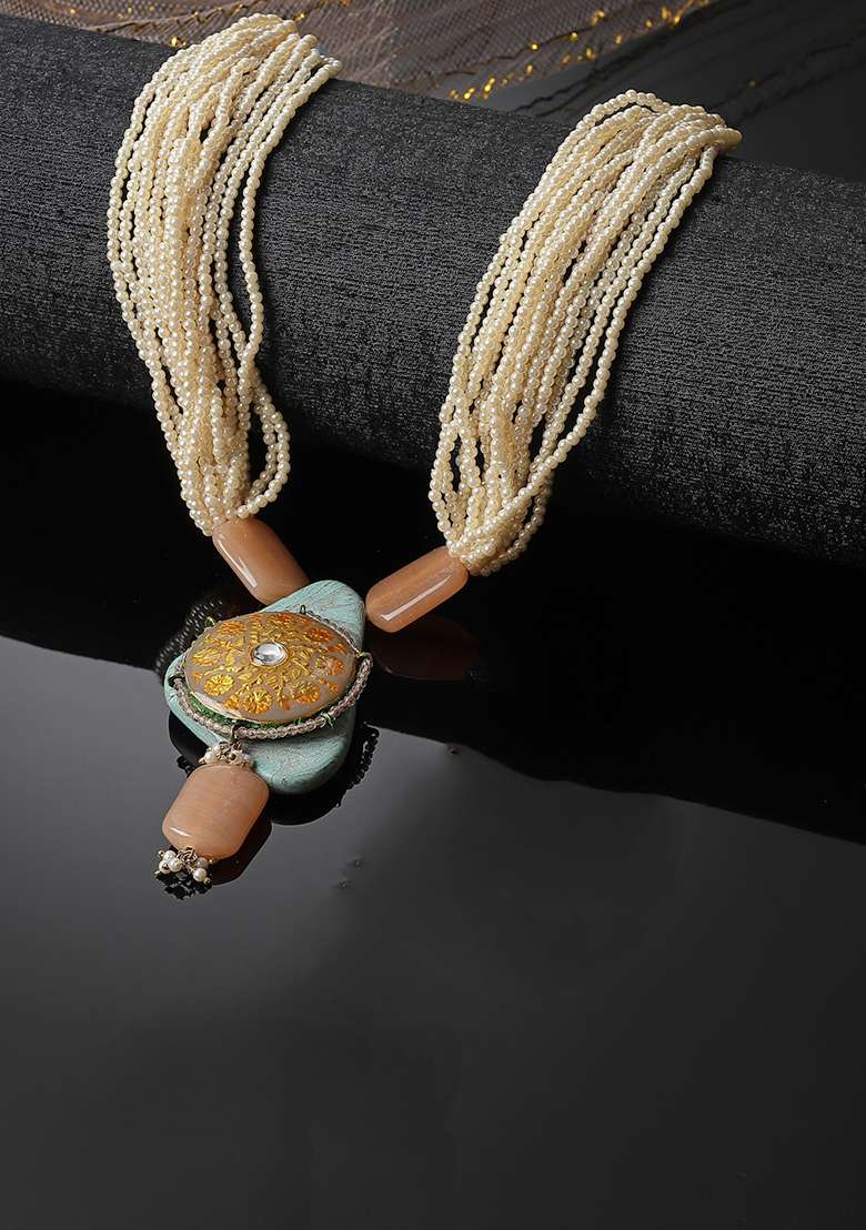 Grey And Yellow Gold Plated Kundan Pearl Haar Necklaces - Indya