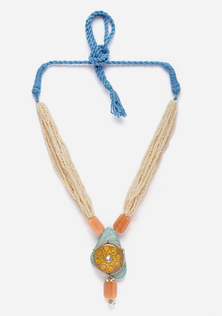 Grey And Yellow Gold Plated Kundan Pearl Haar Necklaces - Indya