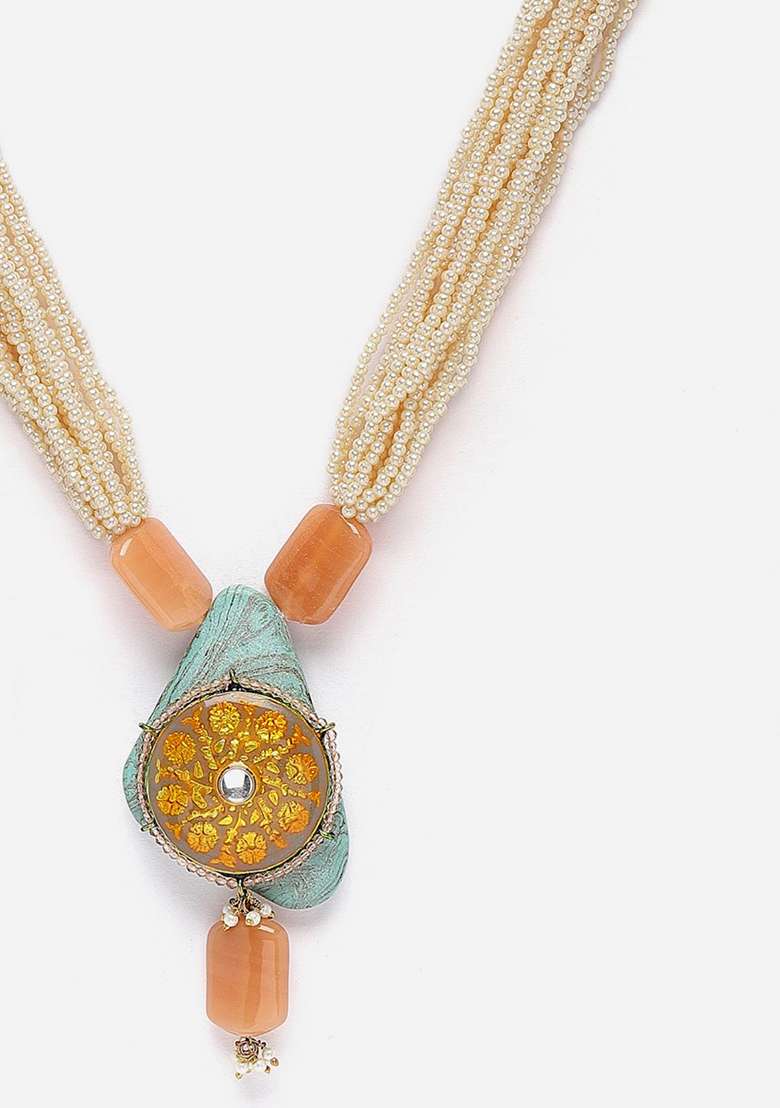 Grey And Yellow Gold Plated Kundan Pearl Haar Necklaces - Indya