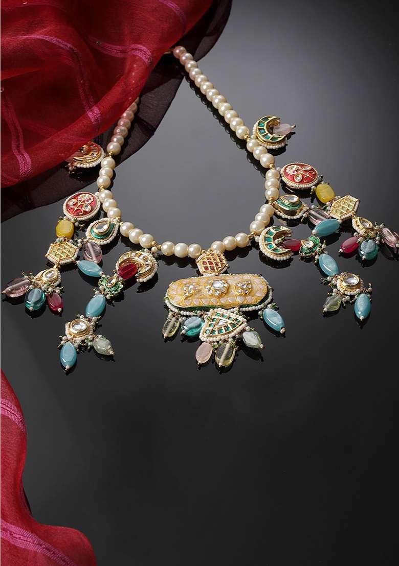 Peach And Red Gold Plated Kundan Pearl Haar Necklaces - Indya