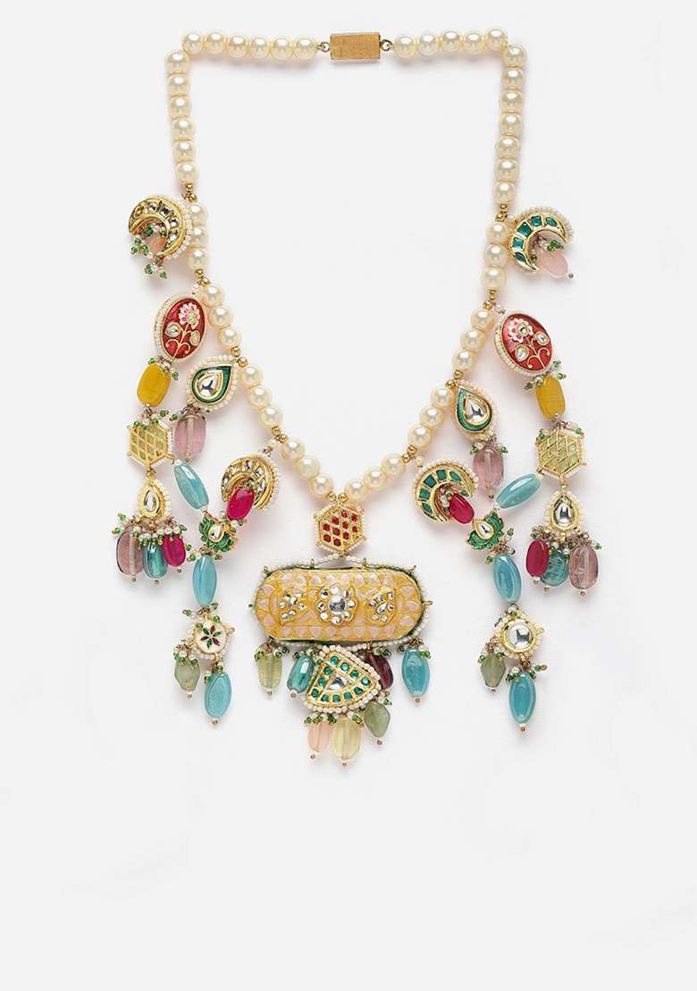 Peach And Red Gold Plated Kundan Pearl Haar Necklaces - Indya