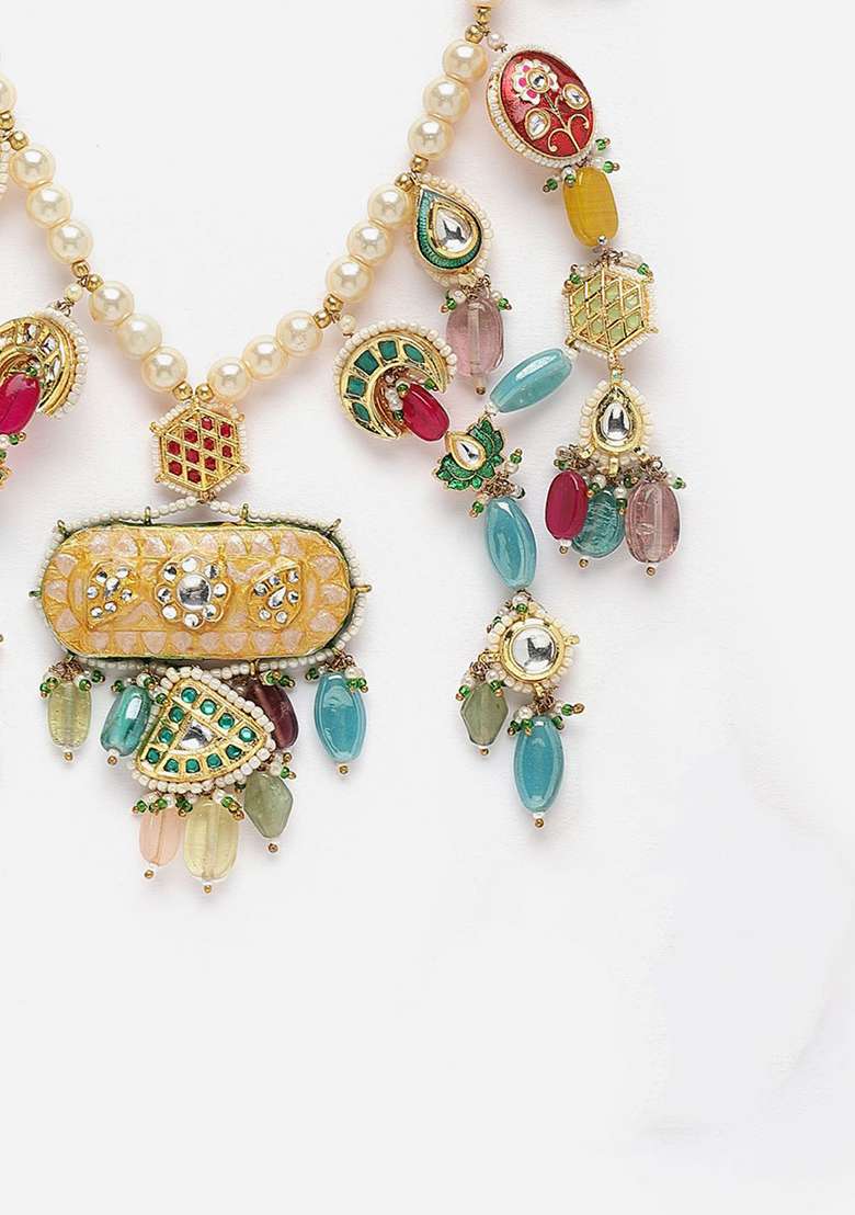 Peach And Red Gold Plated Kundan Pearl Haar Necklaces - Indya