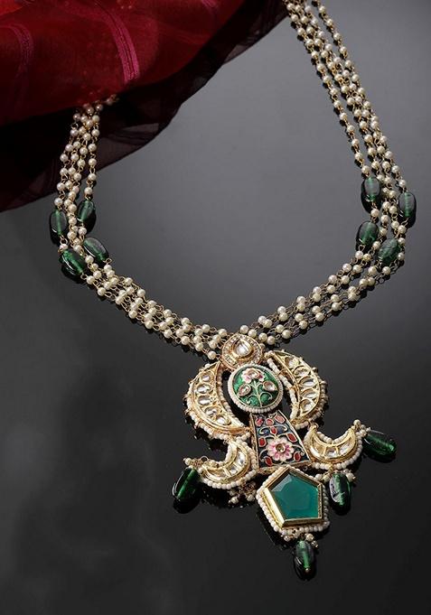 Green And Red Gold Plated Kundan Pearl Haar Necklaces