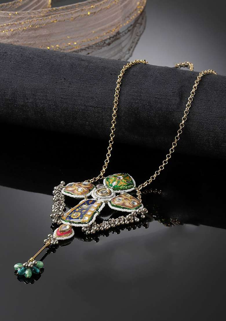 Green And Brown Gold Plated Kundan American Diamond Haar Necklaces - Indya