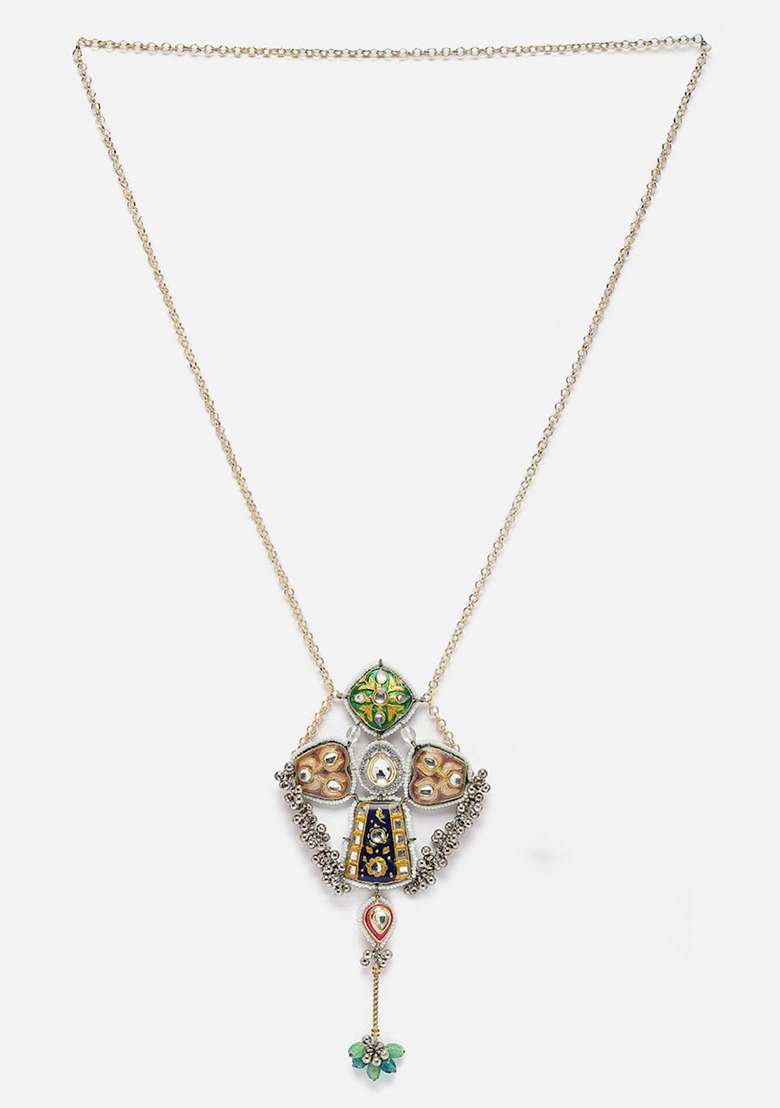 Green And Brown Gold Plated Kundan American Diamond Haar Necklaces - Indya