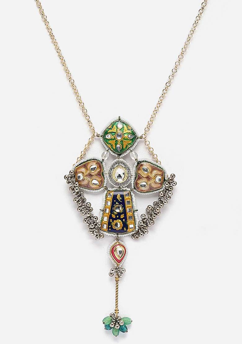 Green And Brown Gold Plated Kundan American Diamond Haar Necklaces - Indya