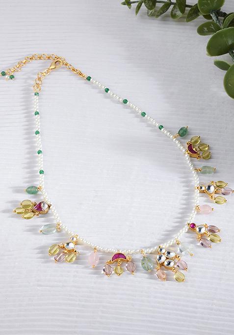 Gold Plated Pearl And Jade Bead Necklace