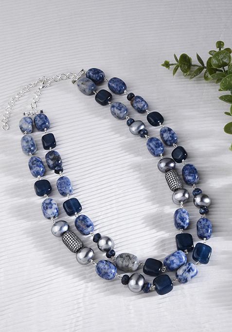 Gold Plated Silver Blue Jade Two Layer Necklace