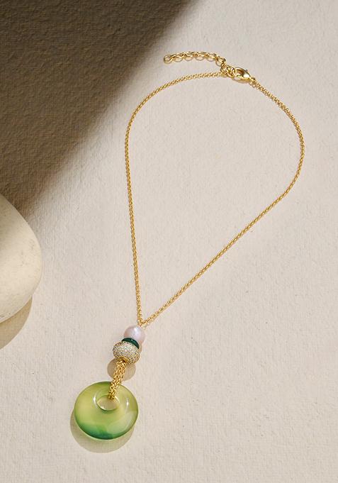 Gold Plated Jade Stone Asymmetric Donut Necklace