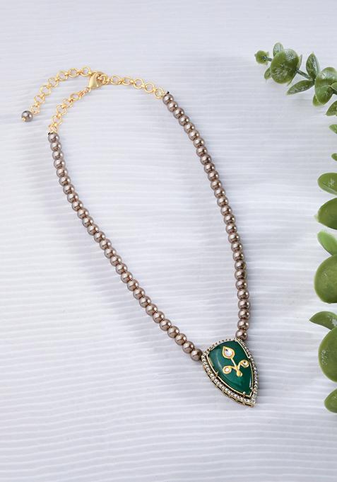 Gold Plated Green Bead Lariat Necklace