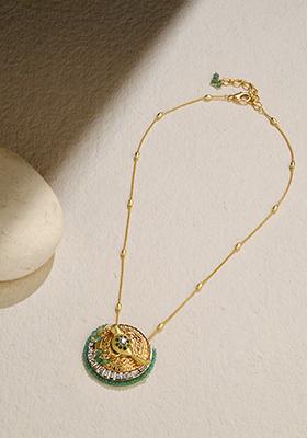 Gold Plated Green Edged Pendant Necklace