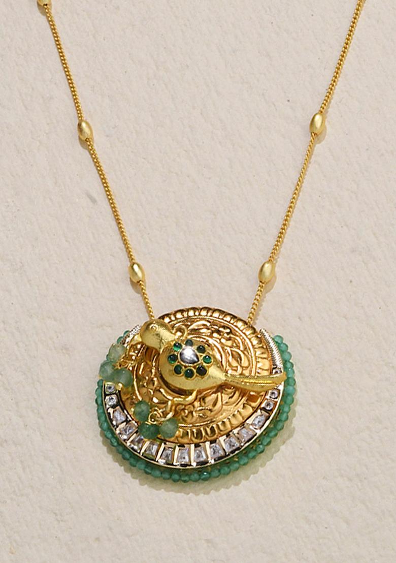 Gold Plated Green Edged Pendant Necklace - Indya