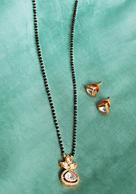 Gold Plated Cubic Zircon American Diamond Mangalsutra Earrings Set