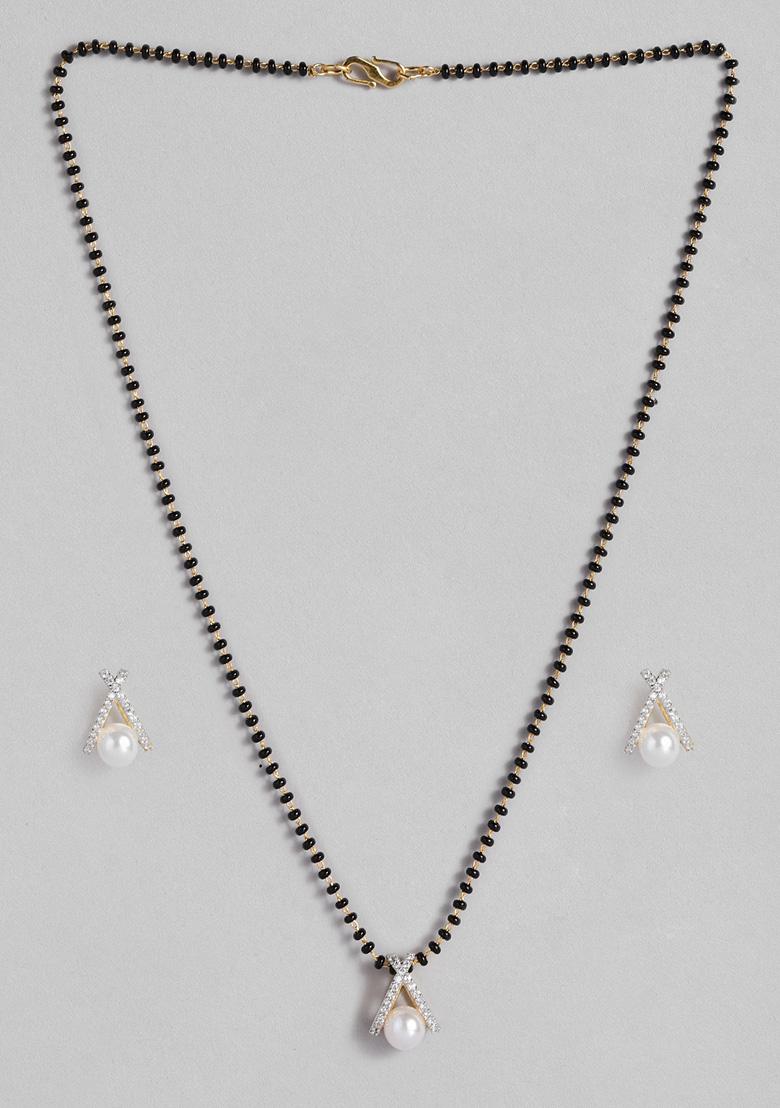 Gold Plated Cubic Zircon American Diamond Mangalsutra Earrings Set - Indya