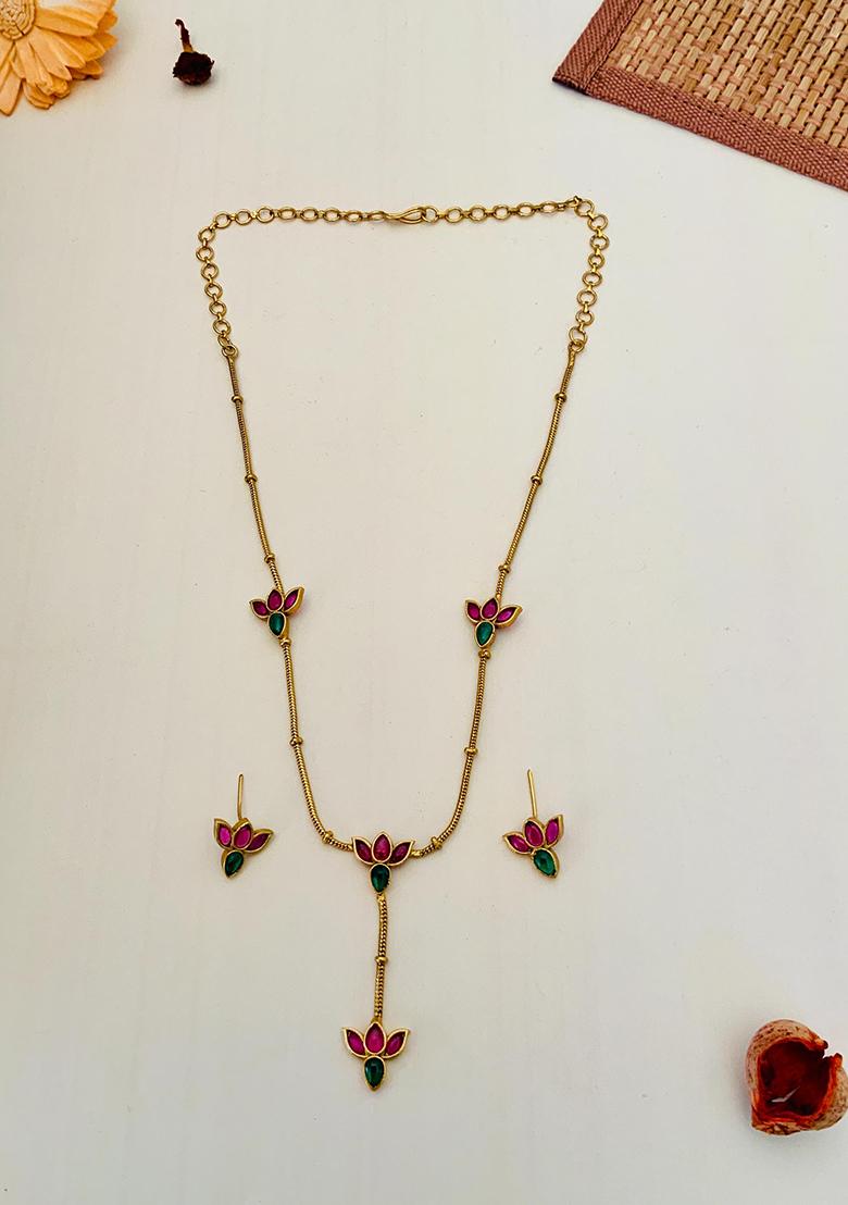 Gold Plated Cubic Zircon American Diamond Necklace - Indya