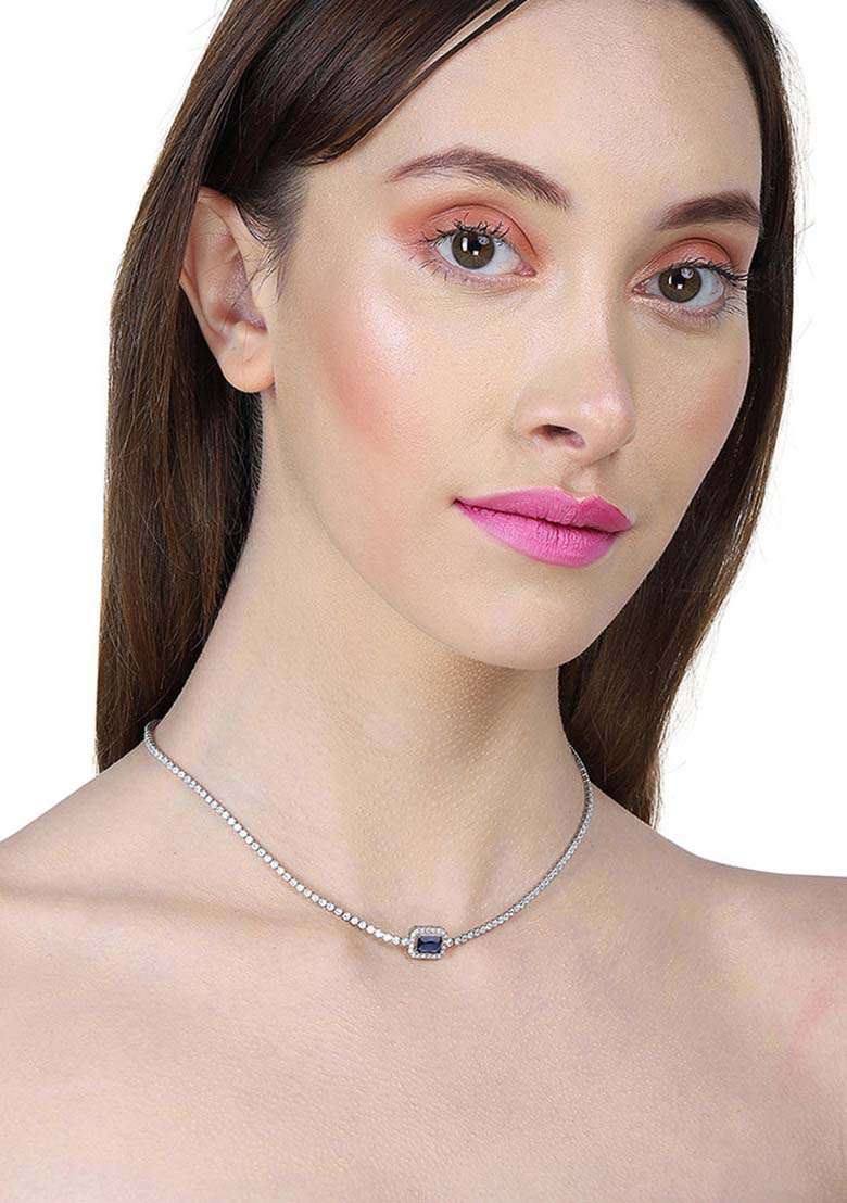 Silver And Blue Rhodium Plated Necklace Chain - Indya