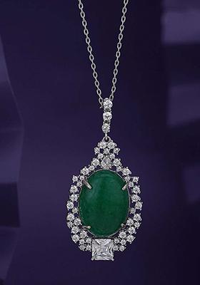 Silver And Green Rhodium Plated Pendant Necklace