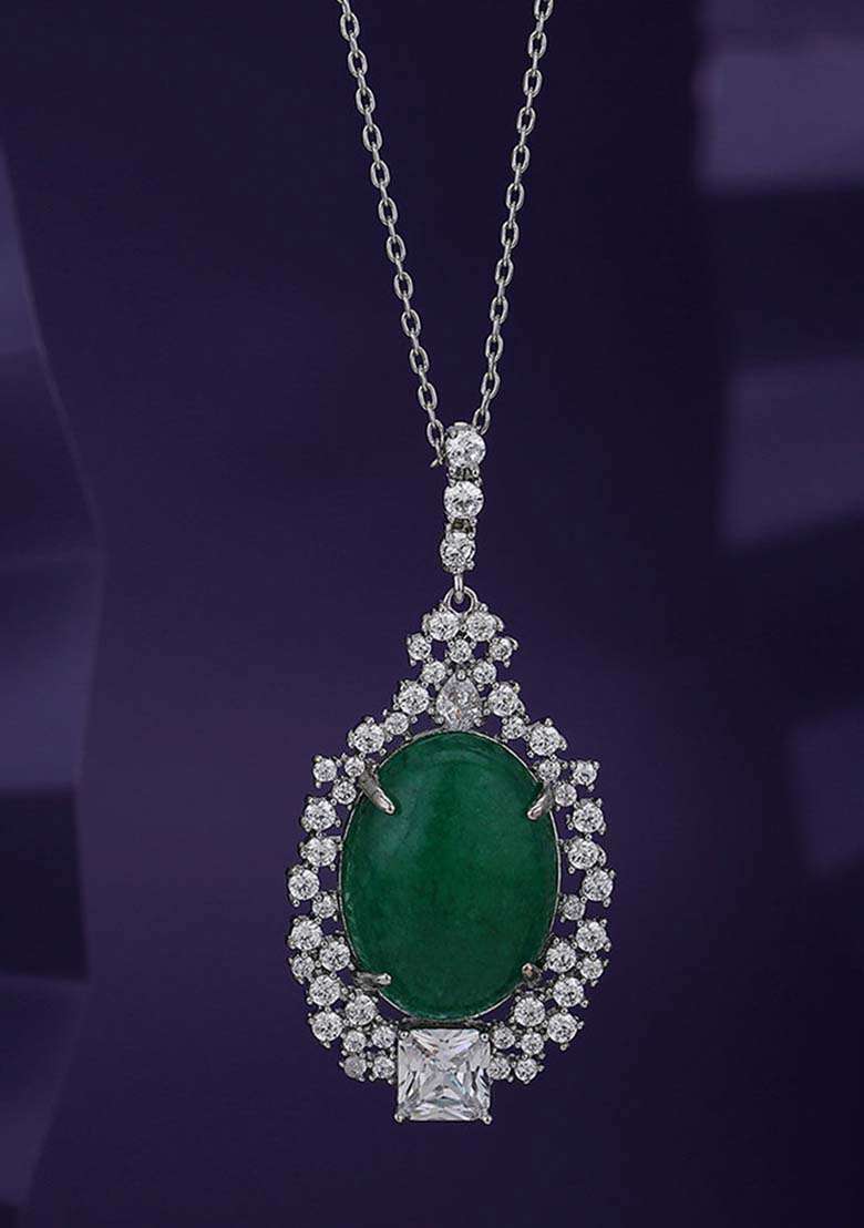 Silver And Green Rhodium Plated Pendant Necklace - Indya