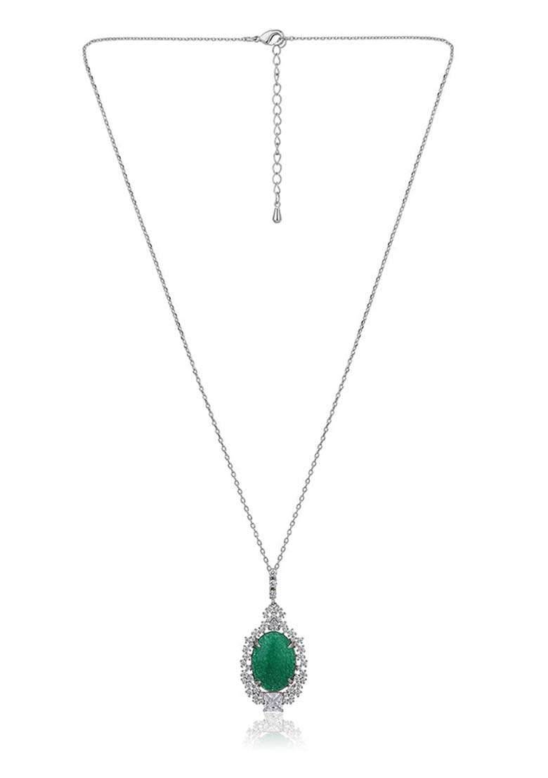 Silver And Green Rhodium Plated Pendant Necklace - Indya