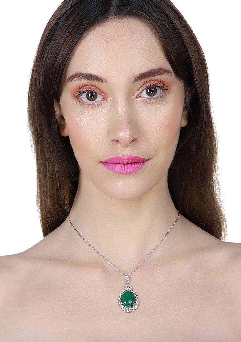 Silver And Green Rhodium Plated Pendant Necklace - Indya