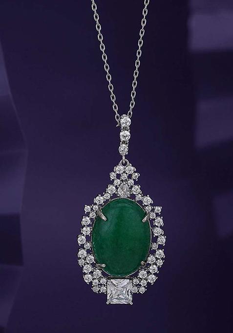 Silver And Green Rhodium Plated Pendant Necklace