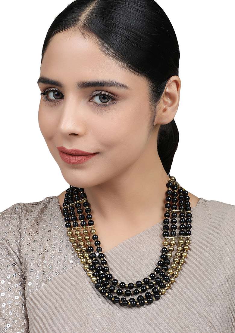 Black Gold Plated Bead Necklace - Indya