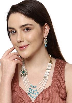 Multi Strand Pearl Strings Gold Plated Side Brooch Long Necklace