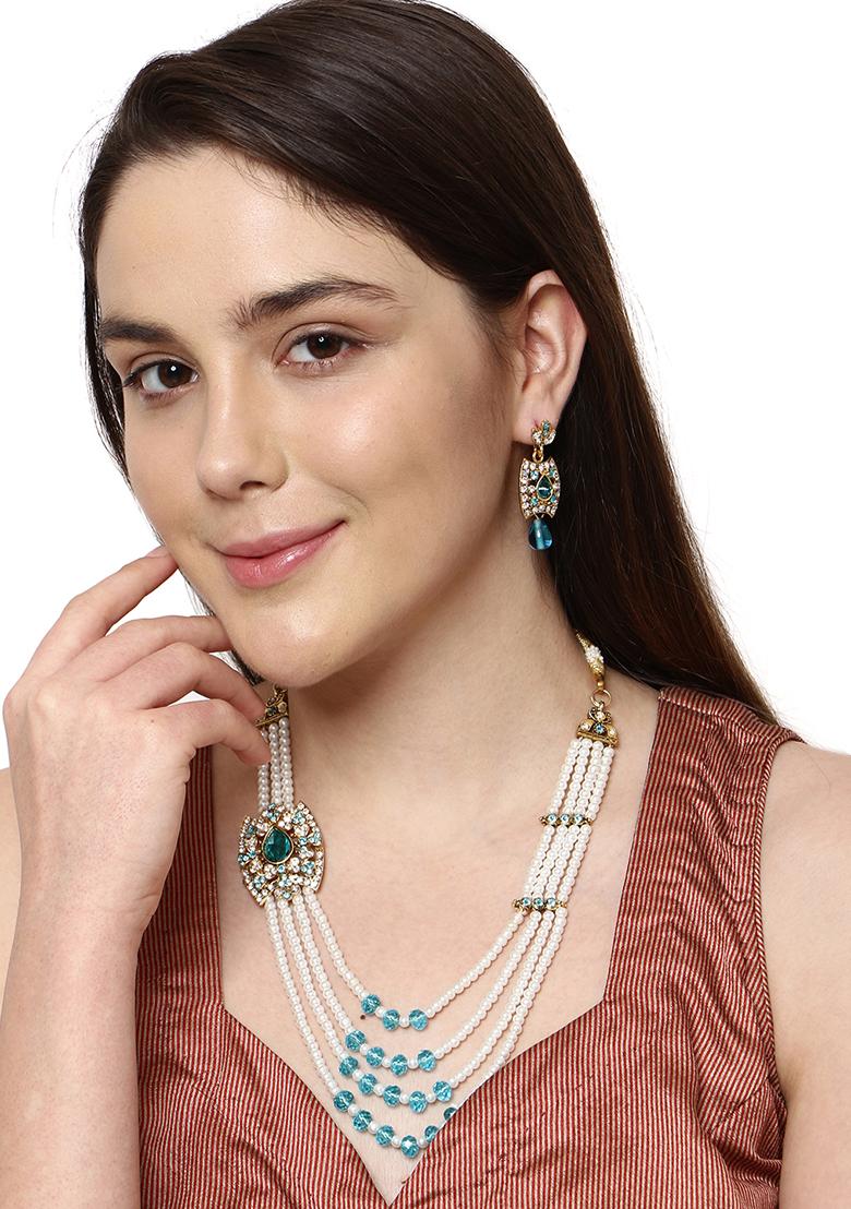 Multi Strand Pearl Strings Gold Plated Side Brooch Long Necklace