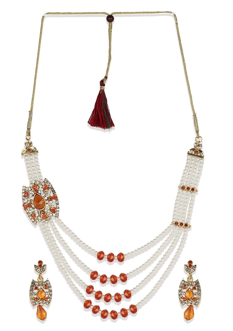 Multi Strand Pearl Strings Gold Plated Side Brooch Long Necklace