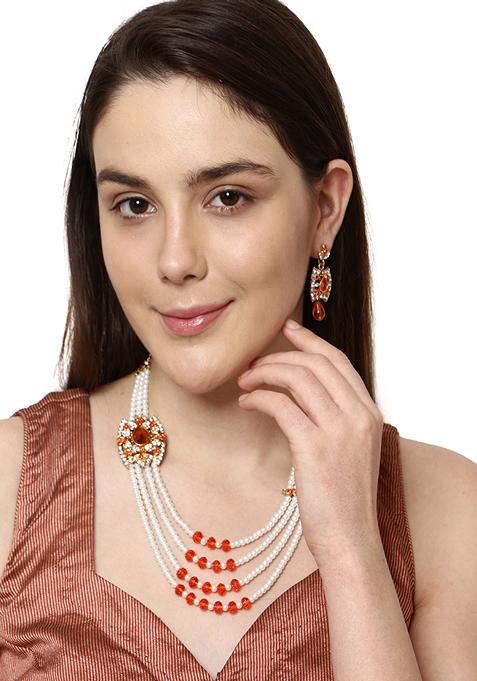 Multi Strand Pearl Strings Gold Plated Side Brooch Long Necklace