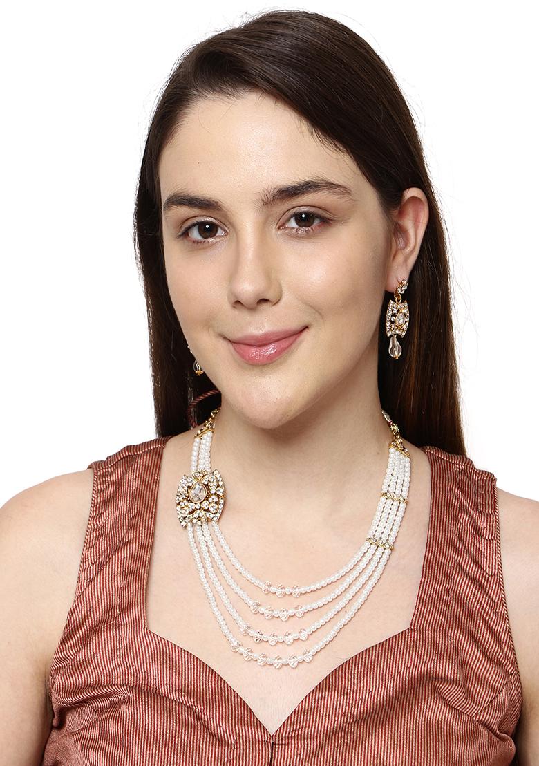 Multi Strand Pearl Strings Gold Plated Side Brooch Long Necklace